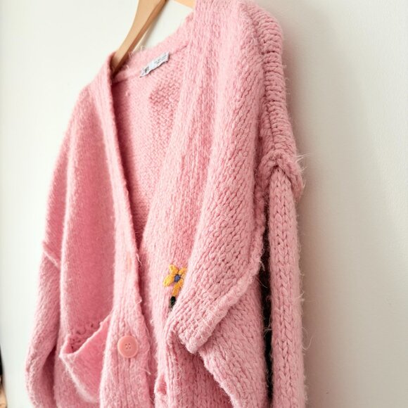 Zara Floral Fuzzy Chunky Knit Cardigan Sweater Pink Size Large - Picture 4 of 8